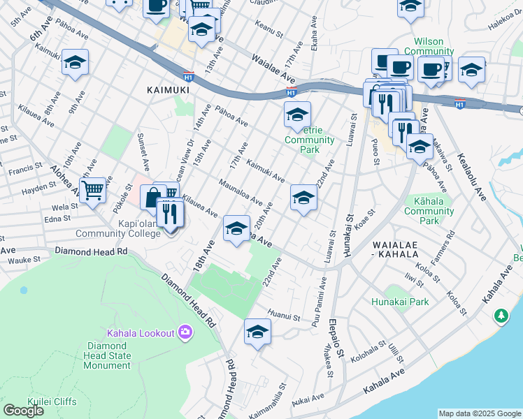 map of restaurants, bars, coffee shops, grocery stores, and more near 753 20th Avenue in Honolulu