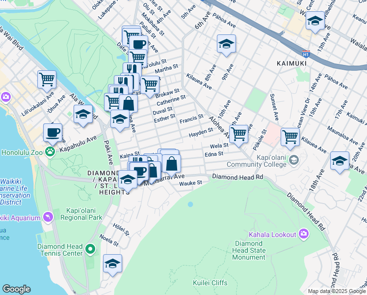 map of restaurants, bars, coffee shops, grocery stores, and more near 3237 Hinano Street in Honolulu