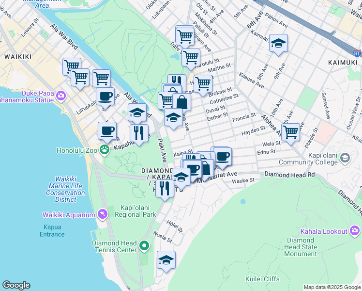 map of restaurants, bars, coffee shops, grocery stores, and more near 3015 Lakimau Street in Honolulu