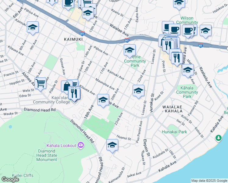 map of restaurants, bars, coffee shops, grocery stores, and more near 753 20th Avenue in Honolulu
