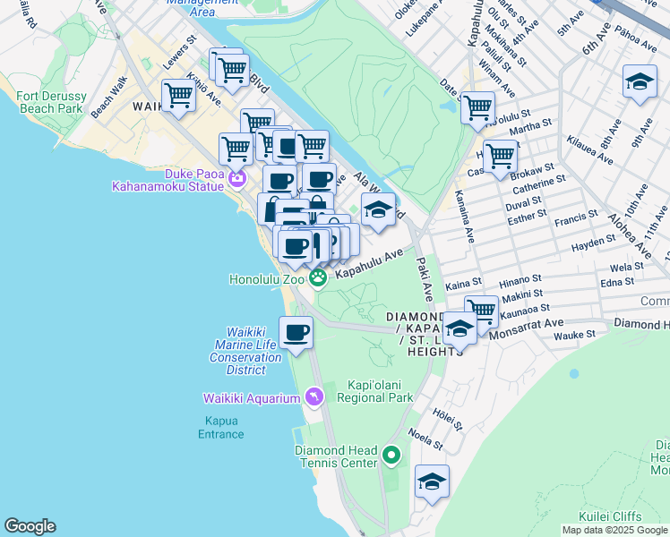 map of restaurants, bars, coffee shops, grocery stores, and more near 204 Kapahulu Avenue in Honolulu