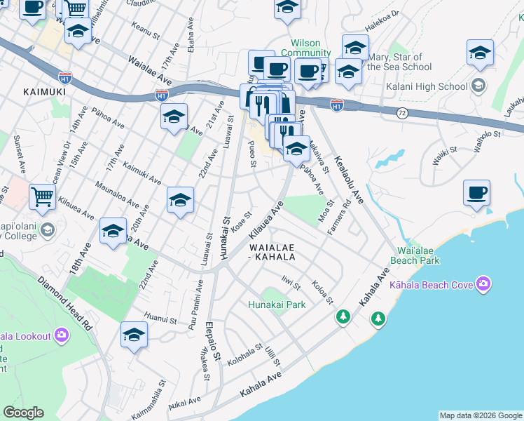 map of restaurants, bars, coffee shops, grocery stores, and more near 4457 Kilauea Avenue in Honolulu