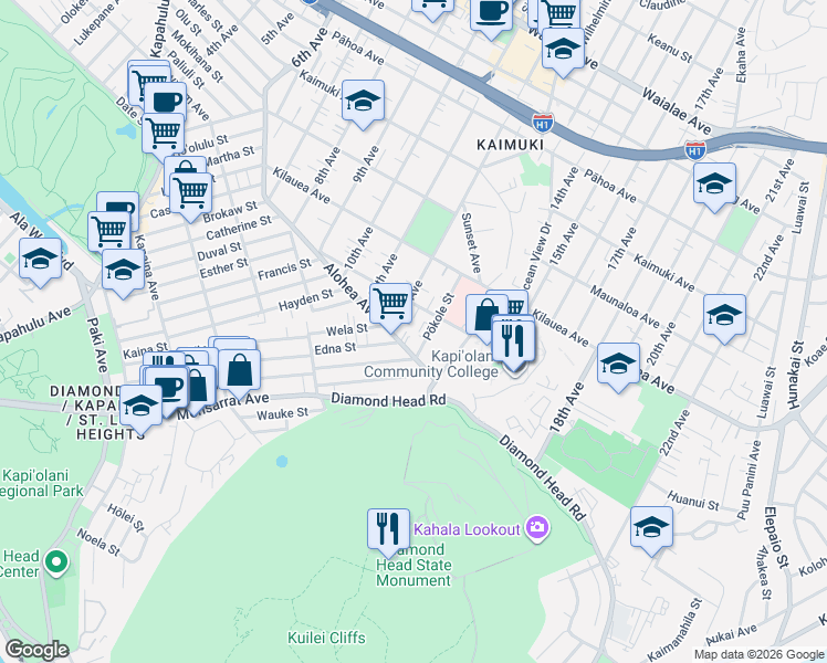 map of restaurants, bars, coffee shops, grocery stores, and more near 3603 Alohea Avenue in Honolulu