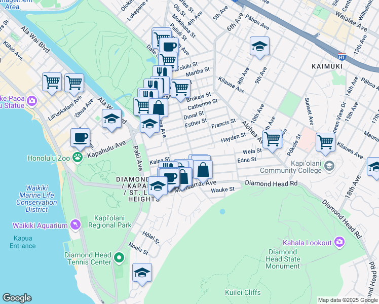 map of restaurants, bars, coffee shops, grocery stores, and more near 3151 Hinano Street in Honolulu