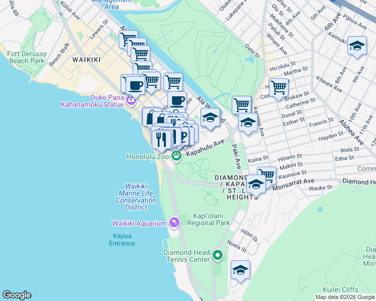 map of restaurants, bars, coffee shops, grocery stores, and more near in Honolulu