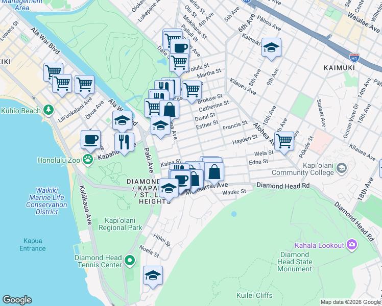 map of restaurants, bars, coffee shops, grocery stores, and more near 3128 Hayden Street in Honolulu