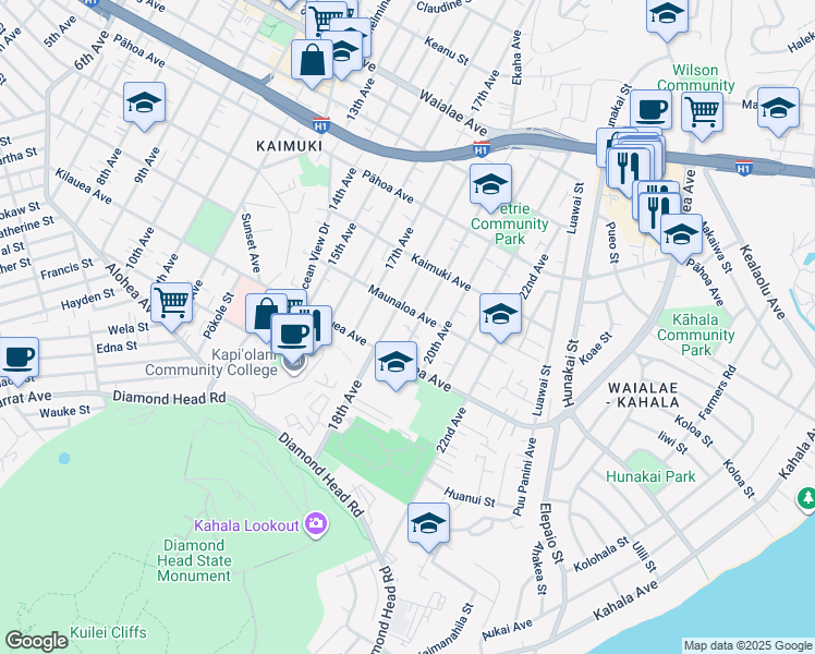 map of restaurants, bars, coffee shops, grocery stores, and more near 723 19th Avenue in Honolulu