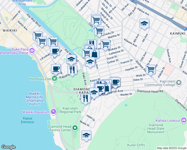 map of restaurants, bars, coffee shops, grocery stores, and more near 3015 Lakimau Street in Honolulu