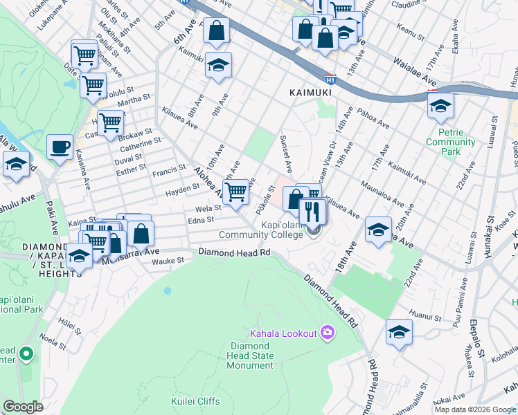 map of restaurants, bars, coffee shops, grocery stores, and more near 543 Pōkole Street in Honolulu