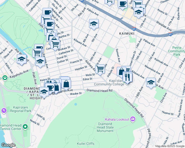 map of restaurants, bars, coffee shops, grocery stores, and more near 3527 Alohea Avenue in Honolulu