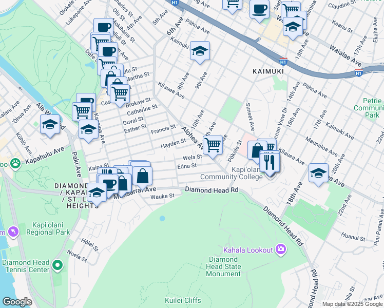 map of restaurants, bars, coffee shops, grocery stores, and more near 3527 Alohea Avenue in Honolulu