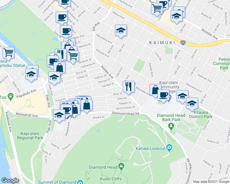 map of restaurants, bars, coffee shops, grocery stores, and more near 3418 James Street in Honolulu