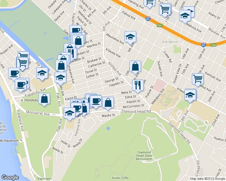 map of restaurants, bars, coffee shops, grocery stores, and more near 3327 Hayden Street in Honolulu