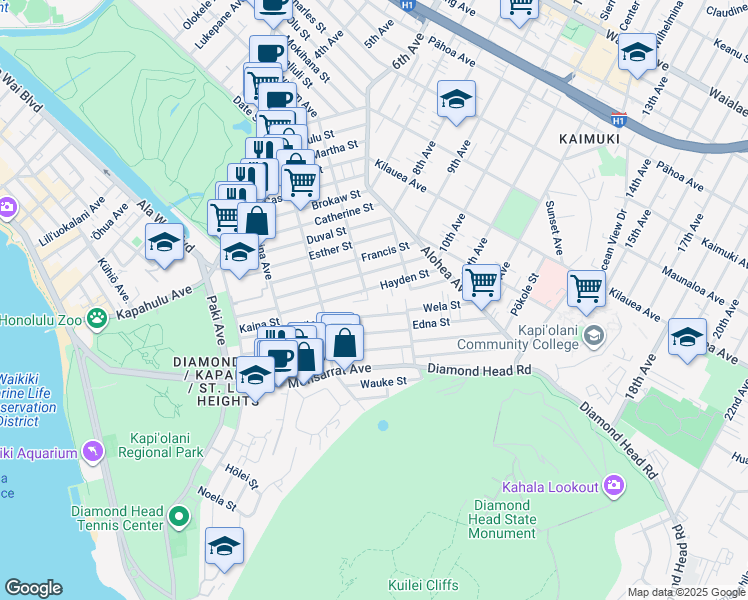 map of restaurants, bars, coffee shops, grocery stores, and more near 3327 Hayden Street in Honolulu