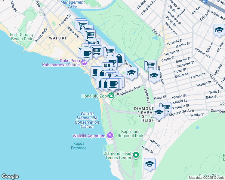 map of restaurants, bars, coffee shops, grocery stores, and more near 2553 Kūhiō Avenue in Honolulu