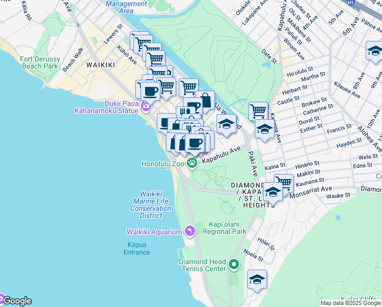 map of restaurants, bars, coffee shops, grocery stores, and more near 2553 Kūhiō Avenue in Honolulu