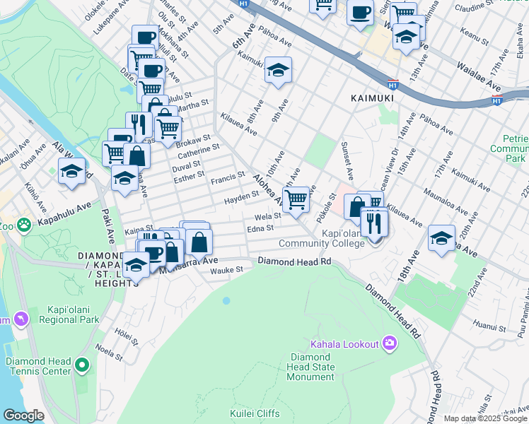 map of restaurants, bars, coffee shops, grocery stores, and more near 3418 James Street in Honolulu