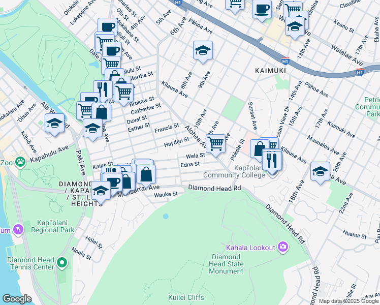 map of restaurants, bars, coffee shops, grocery stores, and more near 3434 Wela Street in Honolulu