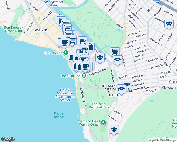 map of restaurants, bars, coffee shops, grocery stores, and more near 2553 Kūhiō Avenue in Honolulu