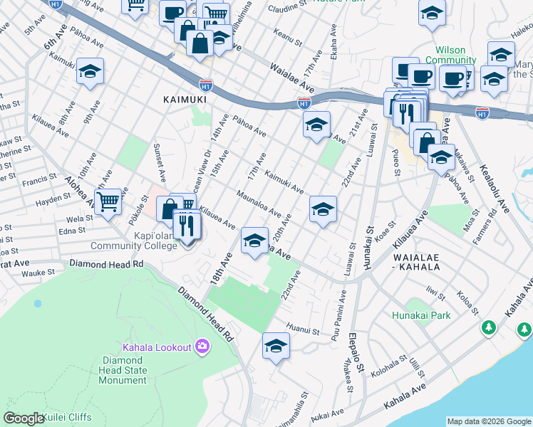 map of restaurants, bars, coffee shops, grocery stores, and more near 762 19th Avenue in Honolulu