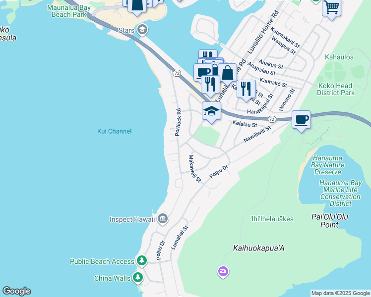 map of restaurants, bars, coffee shops, grocery stores, and more near 34 Nawiliwili Street in Honolulu