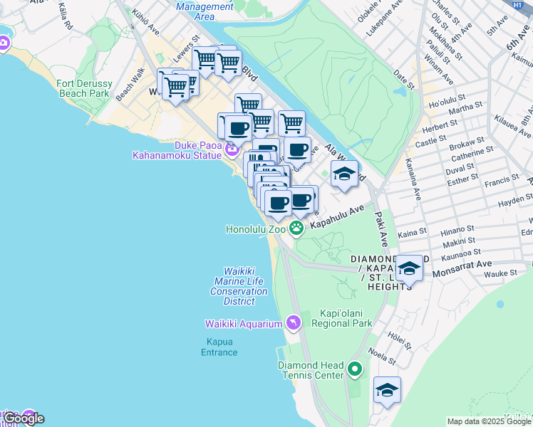 map of restaurants, bars, coffee shops, grocery stores, and more near 2501 Kalakaua Avenue in Honolulu
