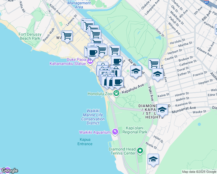 map of restaurants, bars, coffee shops, grocery stores, and more near 2570 Kalakaua Avenue in Honolulu