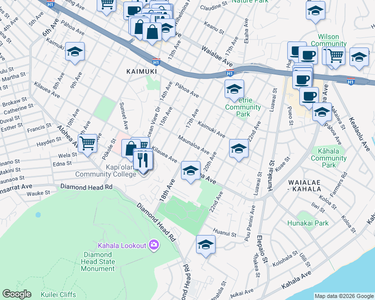 map of restaurants, bars, coffee shops, grocery stores, and more near 740 18th Avenue in Honolulu