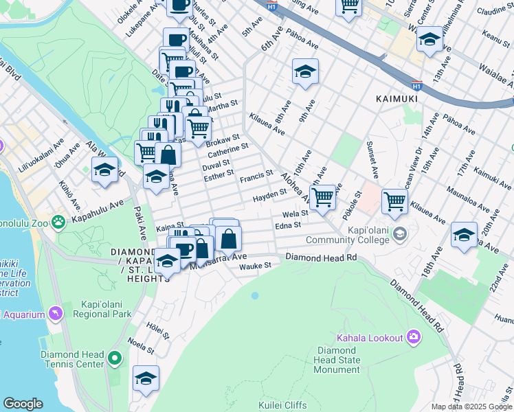 map of restaurants, bars, coffee shops, grocery stores, and more near 3327 Hayden Street in Honolulu