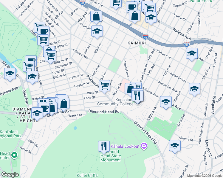 map of restaurants, bars, coffee shops, grocery stores, and more near 3619C Maunalei Avenue in Honolulu