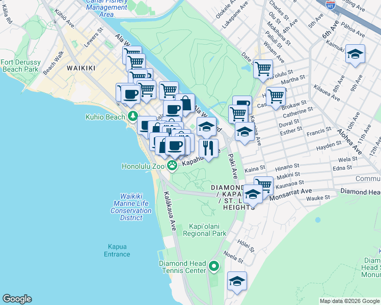 map of restaurants, bars, coffee shops, grocery stores, and more near 240 Makee Road in Honolulu