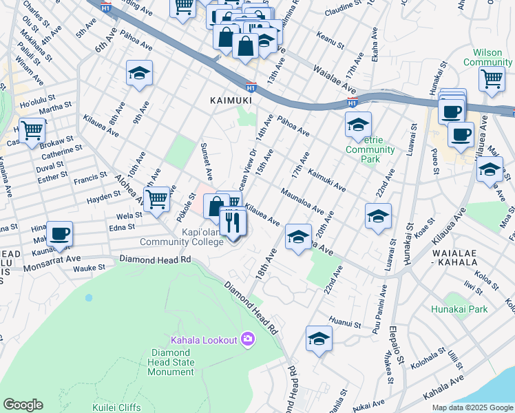 map of restaurants, bars, coffee shops, grocery stores, and more near 726B 16th Avenue in Honolulu