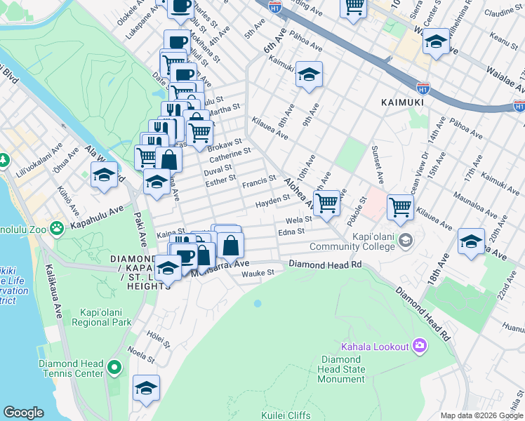 map of restaurants, bars, coffee shops, grocery stores, and more near 3327 Hayden Street in Honolulu
