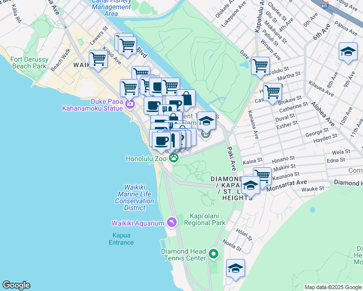map of restaurants, bars, coffee shops, grocery stores, and more near 2553 Kūhiō Avenue in Honolulu