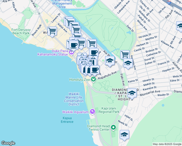 map of restaurants, bars, coffee shops, grocery stores, and more near 2552 Kalakaua Avenue in Honolulu