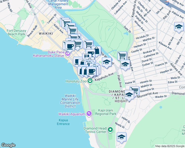 map of restaurants, bars, coffee shops, grocery stores, and more near 2566 Cartwright Road in Honolulu