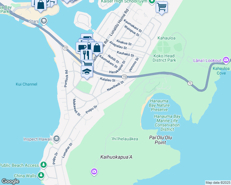 map of restaurants, bars, coffee shops, grocery stores, and more near 178 Polihale Place in Honolulu