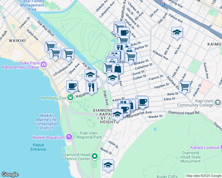 map of restaurants, bars, coffee shops, grocery stores, and more near 3440 Leahi Avenue in Honolulu