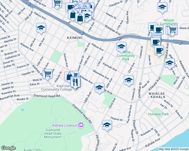map of restaurants, bars, coffee shops, grocery stores, and more near 741 17th Avenue in Honolulu