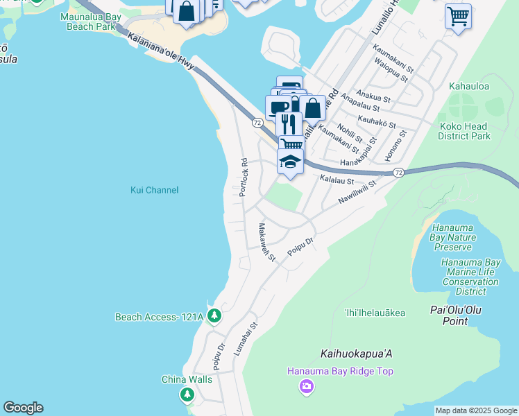 map of restaurants, bars, coffee shops, grocery stores, and more near 34 Nawiliwili Street in Honolulu