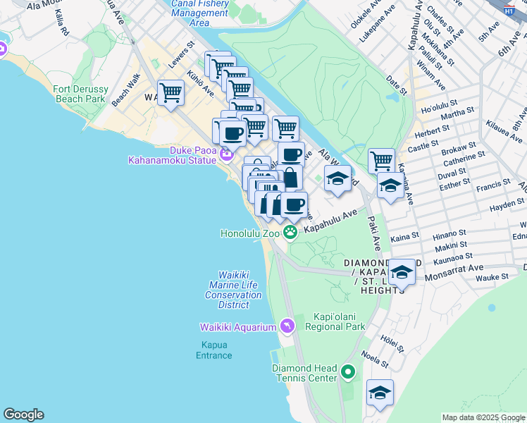 map of restaurants, bars, coffee shops, grocery stores, and more near 2552 Kalakaua Avenue in Honolulu