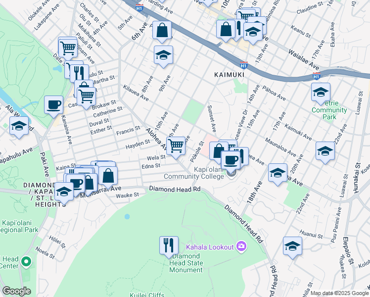 map of restaurants, bars, coffee shops, grocery stores, and more near 552 12th Avenue in Honolulu