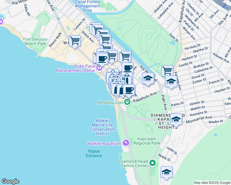 map of restaurants, bars, coffee shops, grocery stores, and more near 2552 Kalakaua Avenue in Honolulu