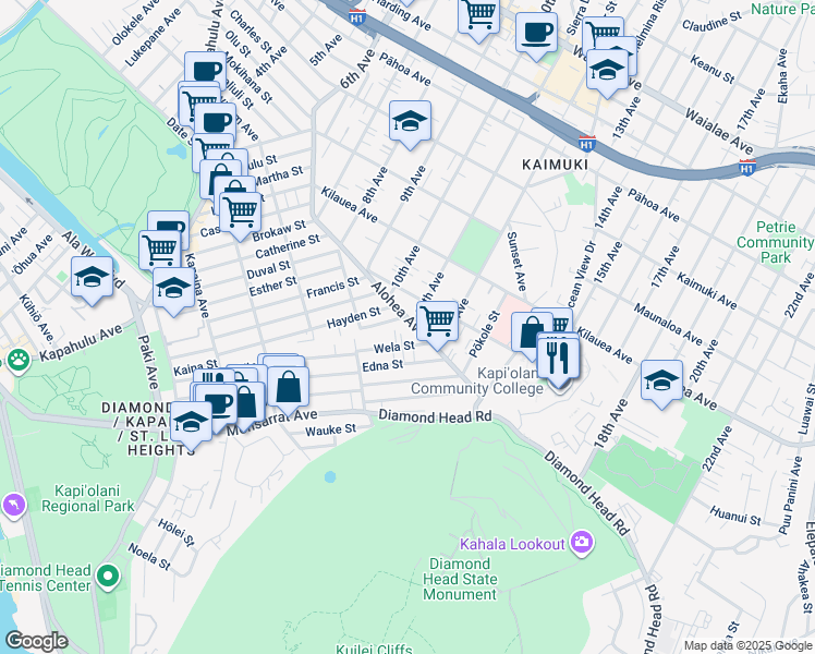 map of restaurants, bars, coffee shops, grocery stores, and more near 3527 Alohea Avenue in Honolulu