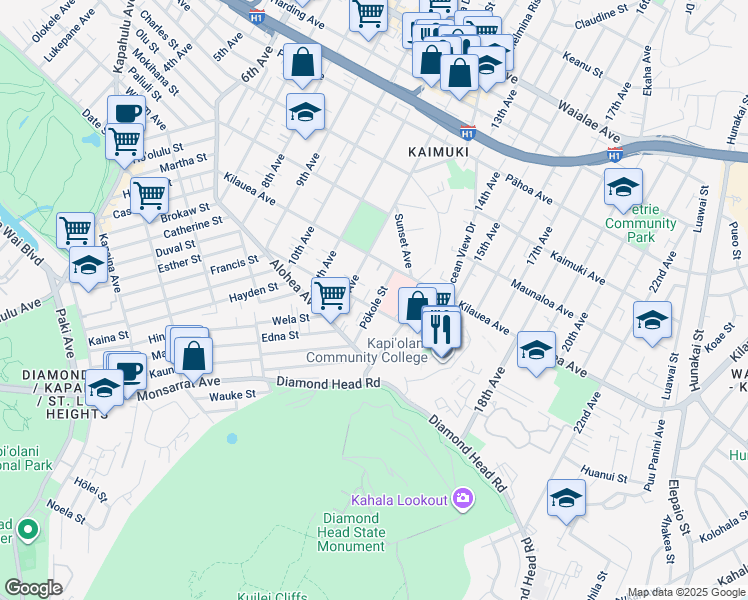 map of restaurants, bars, coffee shops, grocery stores, and more near 608 Pōkole Street in Honolulu