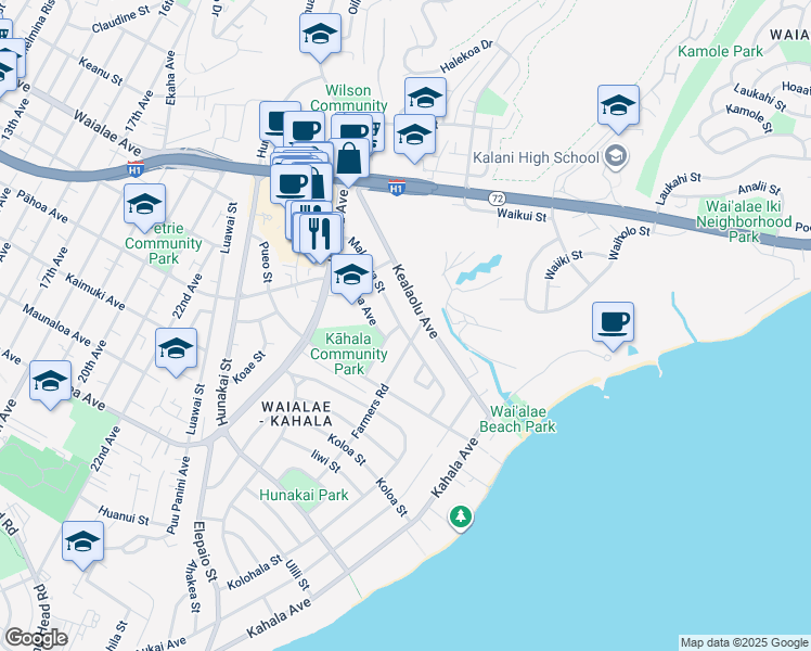 map of restaurants, bars, coffee shops, grocery stores, and more near 1021 Makaiwa Street in Honolulu