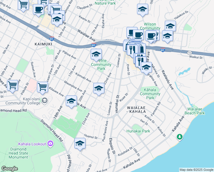 map of restaurants, bars, coffee shops, grocery stores, and more near 913 22nd Avenue in Honolulu