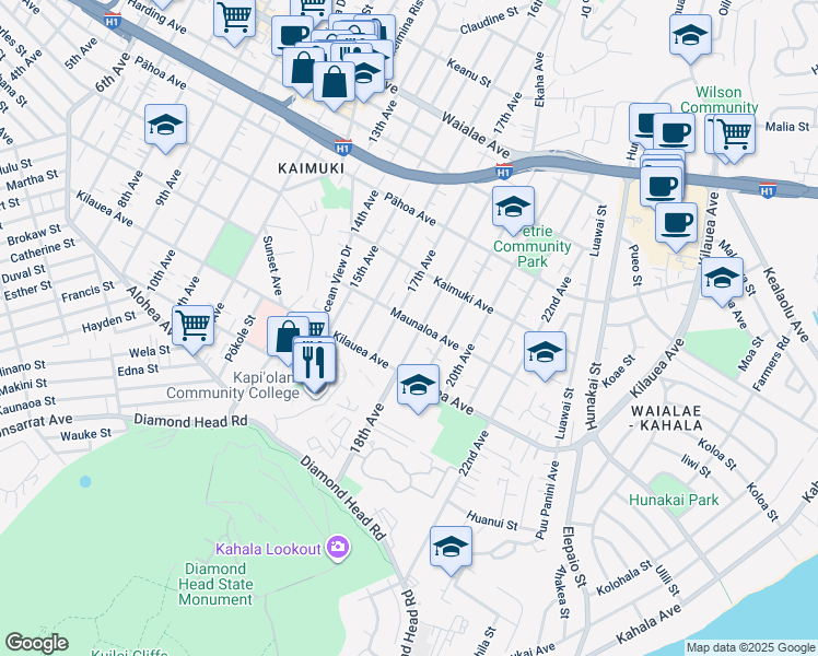 map of restaurants, bars, coffee shops, grocery stores, and more near 741 17th Avenue in Honolulu