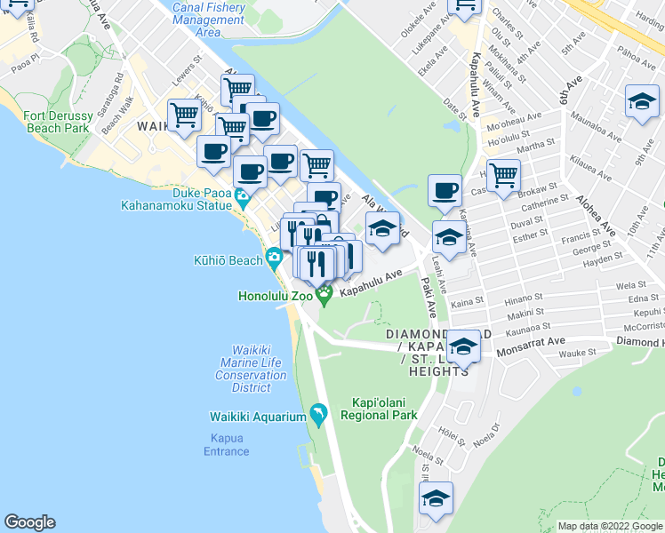 map of restaurants, bars, coffee shops, grocery stores, and more near 2553 Kūhiō Avenue in Honolulu