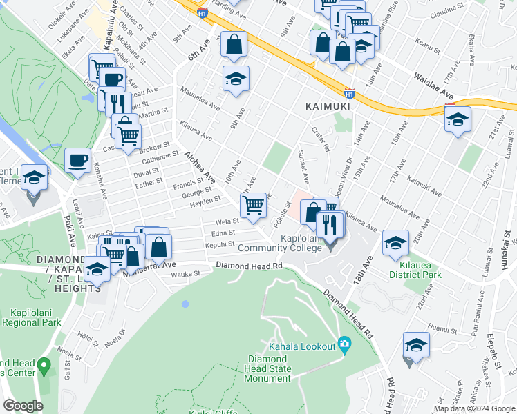 map of restaurants, bars, coffee shops, grocery stores, and more near 552 12th Avenue in Honolulu